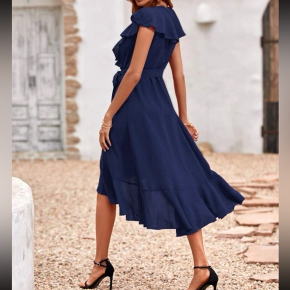 Navy blue ruffle hem belted midi dress - Picture 3 of 16
